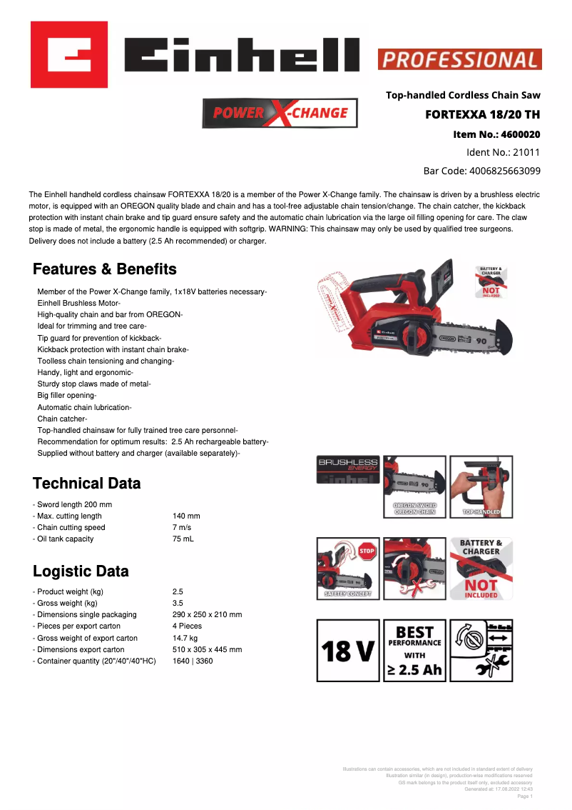 Page 1 de la notice Fiche technique Einhell FORTEXXA 18/20 TH