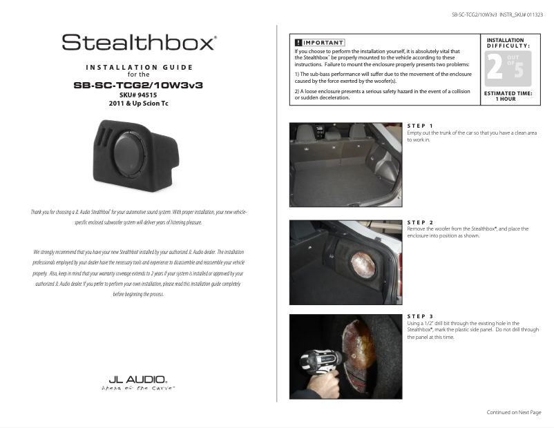 Page n°1 - Manuel utilisateur JL Audio Stealthbox SB-SC-TCG2/10W3v3