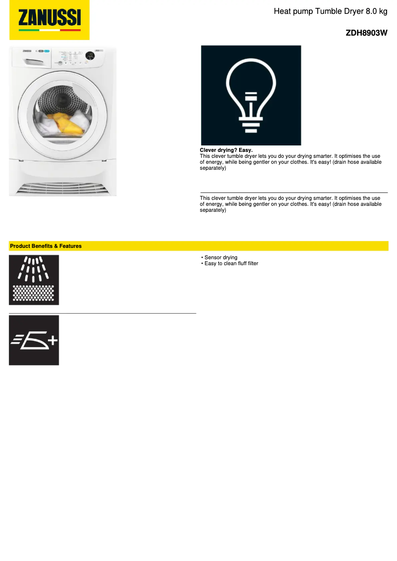 Page 1 de la notice Fiche technique Zanussi ZDH8903W