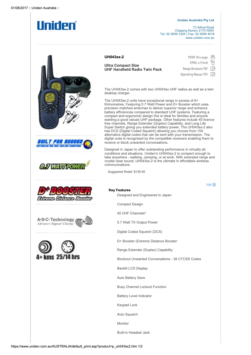 Page n°1 - Manuel utilisateur Uniden UH043SX