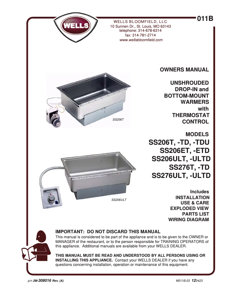 Page 1 de la notice Manuel utilisateur Wells SS206T