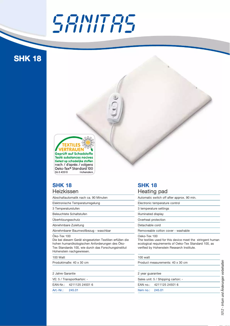 Page 1 de la notice Fiche technique Sanitas SHK 18