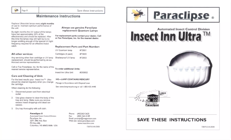 Page n°1 - Manuel utilisateur Paraclipse Insect Inn Ultra