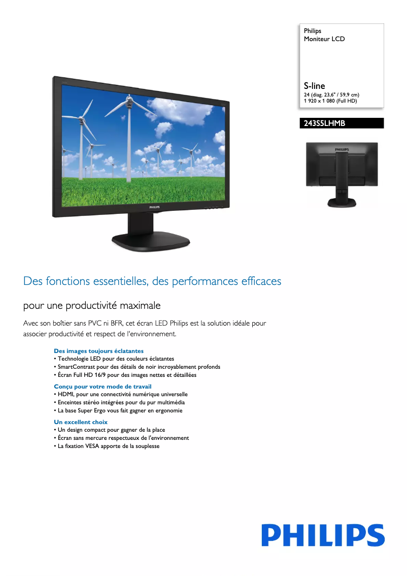 Page 1 de la notice Fiche technique Philips S Line 243S5LHMB