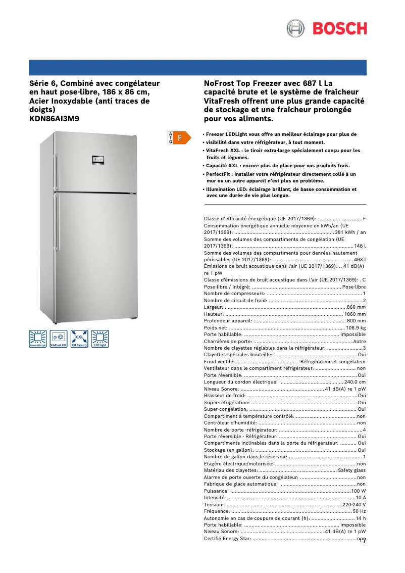Page n°1 - Fiche technique Bosch KDN86AI3M9