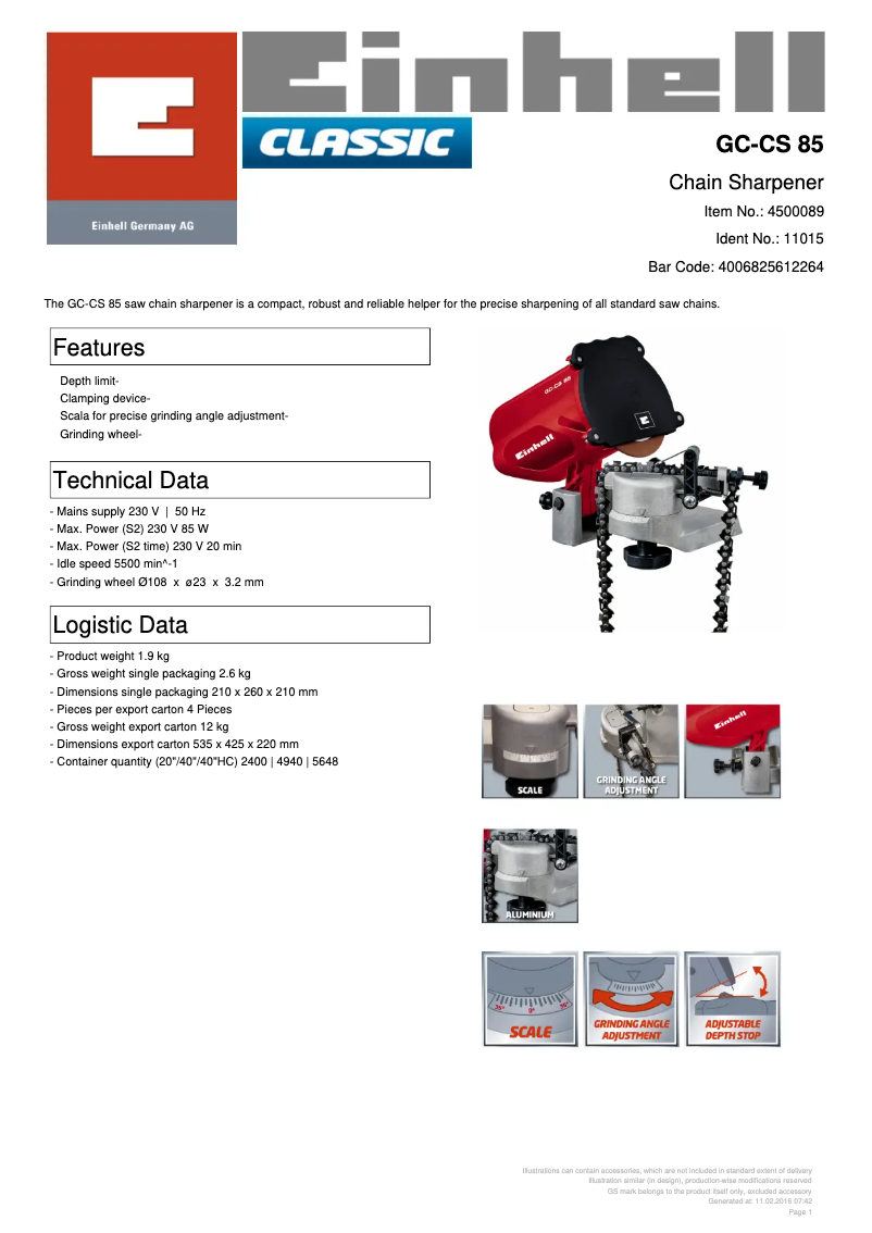 Page n°1 - Fiche technique Einhell GC-CS 85