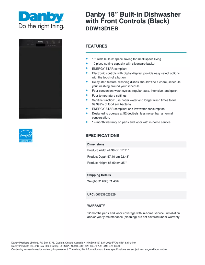 Page 1 de la notice Fiche technique Danby DDW18D1EB