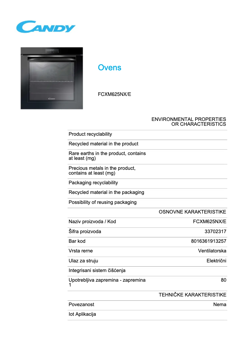 Page 1 de la notice Fiche technique Candy FCXM625NX/E