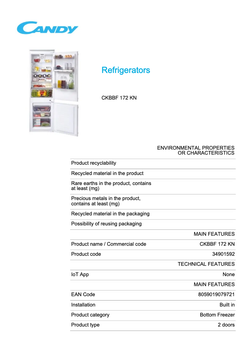 Page 1 de la notice Fiche technique Candy CKBBF 172 KN