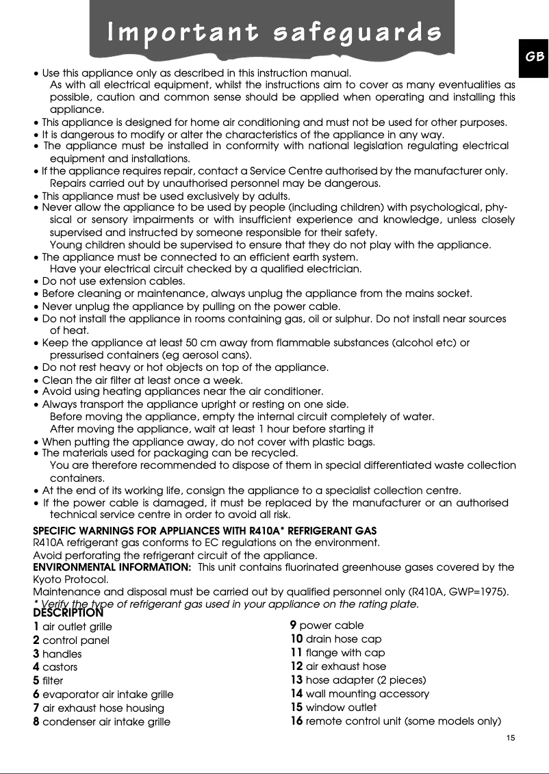 Page 1 de la notice Manuel utilisateur DeLonghi PAC N81