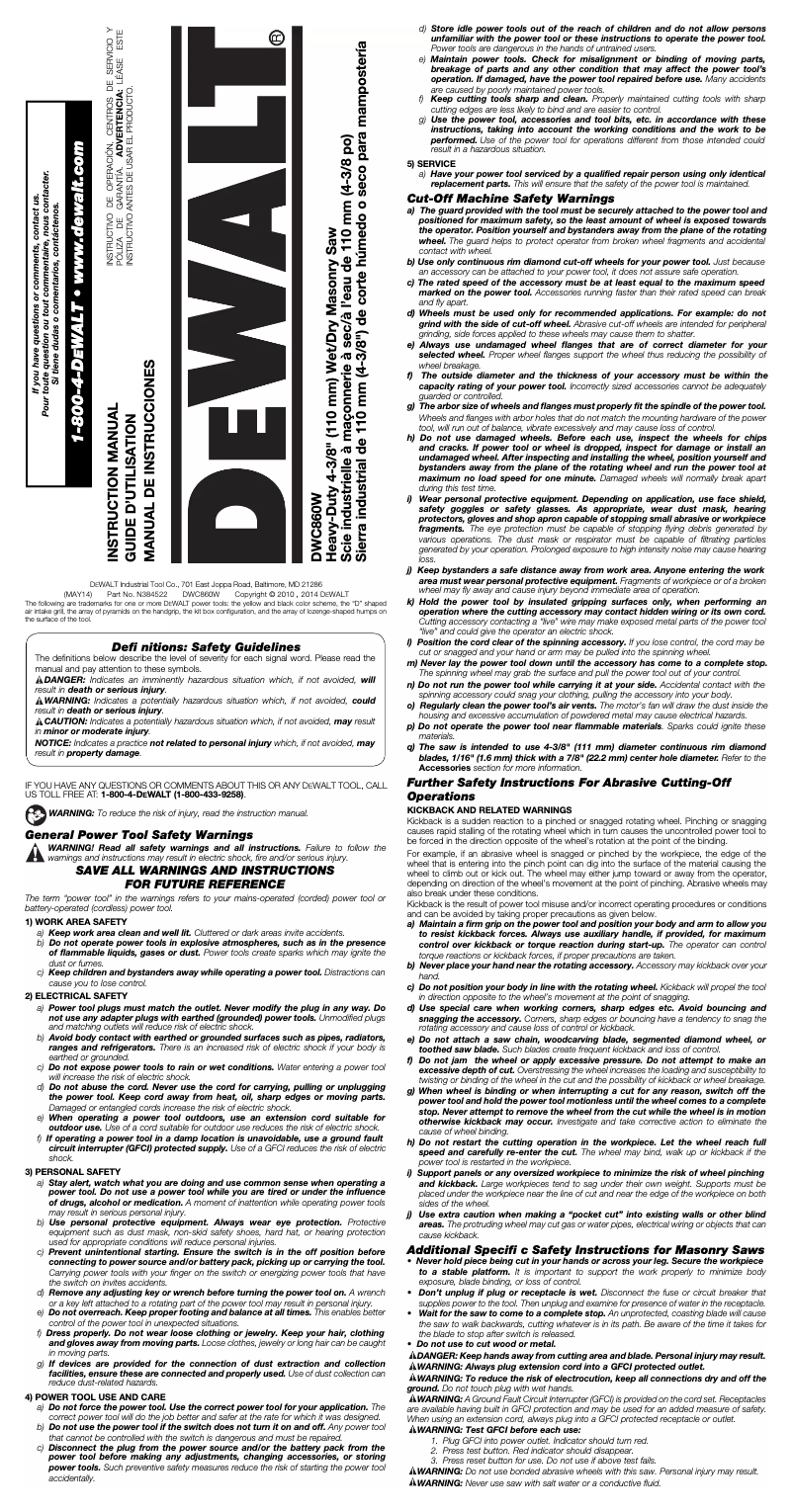 Page 1 de la notice Manuel utilisateur DeWalt DWC860W