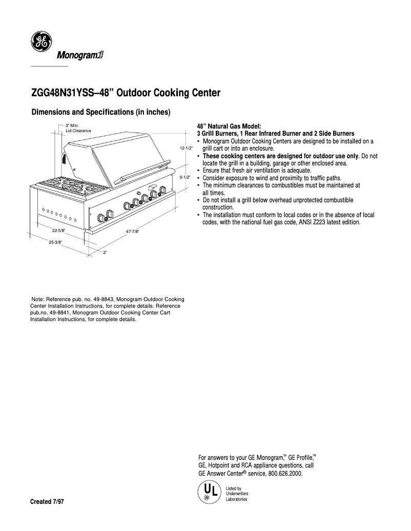 Page 1 of the manual Technical Sheet GE ZGG48N31YSS