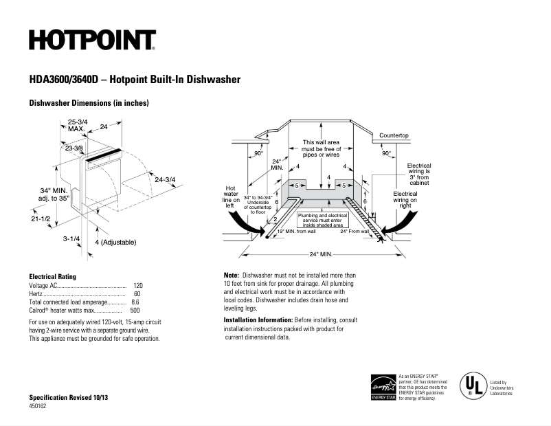 Page 1 de la notice Fiche technique Hotpoint HDA3600DBB