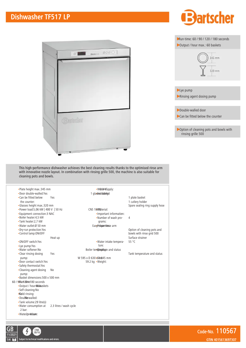 Página 1 del manual Ficha técnica Bartscher TF517 LP