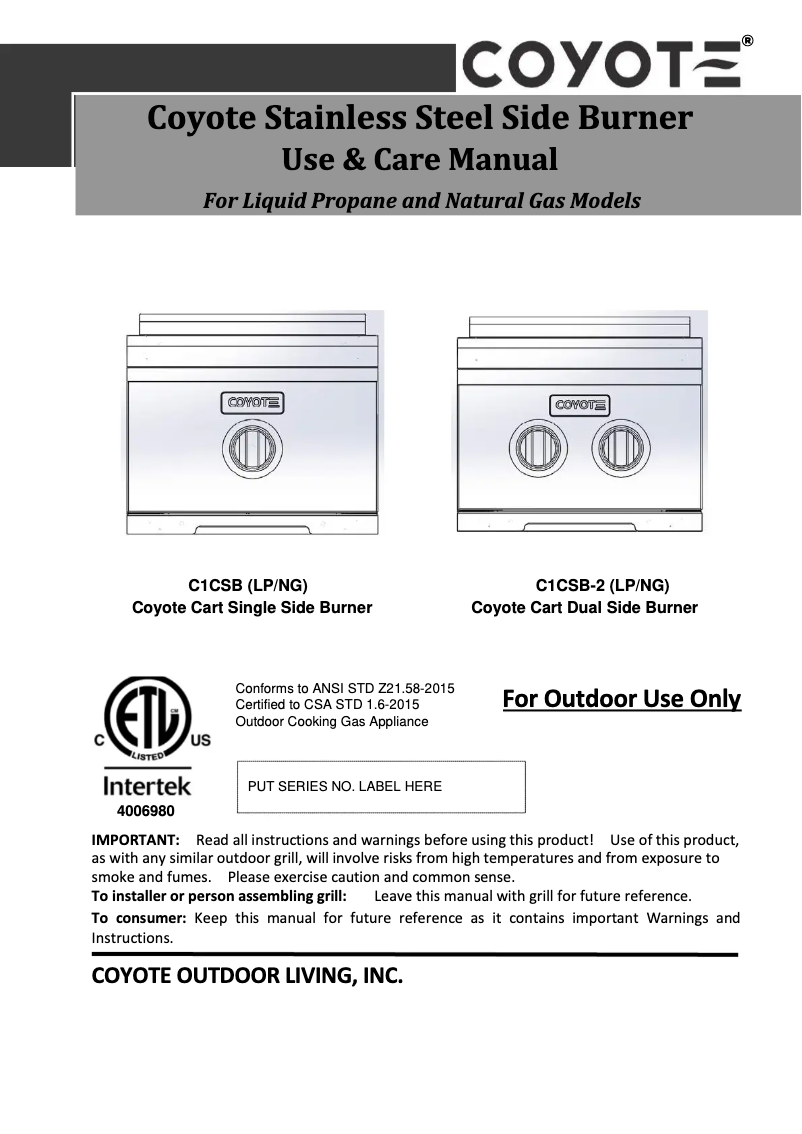 Page 1 de la notice Manuel d'utilisation et d'entretien Coyote C1CSBNG