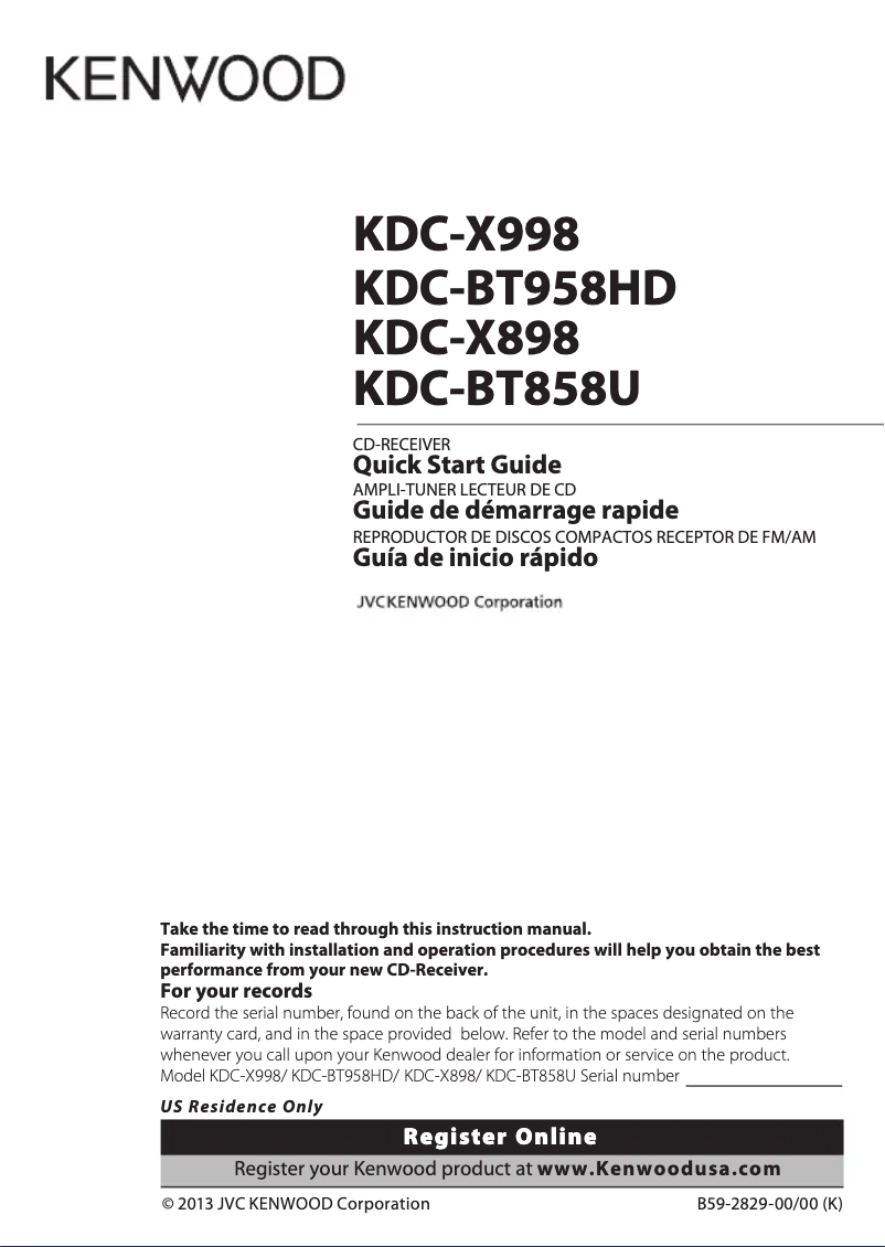 Page n°1 - Guide de démarrage rapide Kenwood KDC-X898