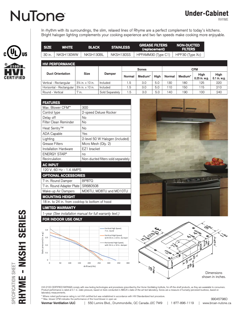 Page 1 de la notice Fiche technique NuTone NKSH130WW