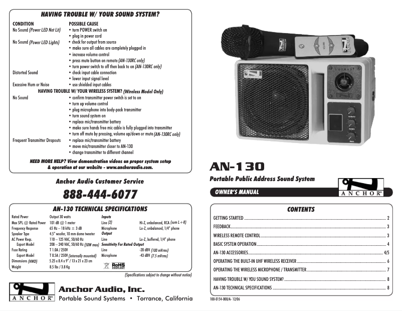 Page 1 de la notice Manuel utilisateur Anchor Audio AN-130U1BK