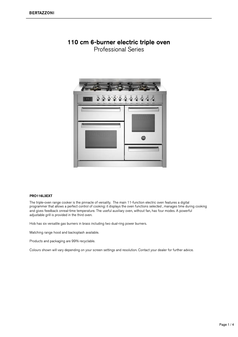Page n°1 - Fiche technique Bertazzoni PRO116L3EXT