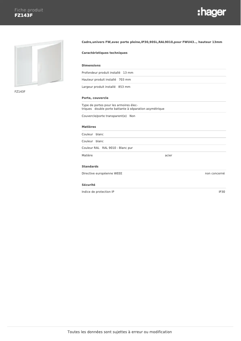 Page 1 de la notice Manuel utilisateur Hager FZ143F