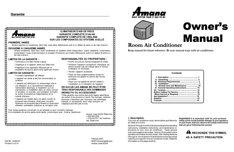 Page n°1 - Manuel utilisateur Amana AAC182STA
