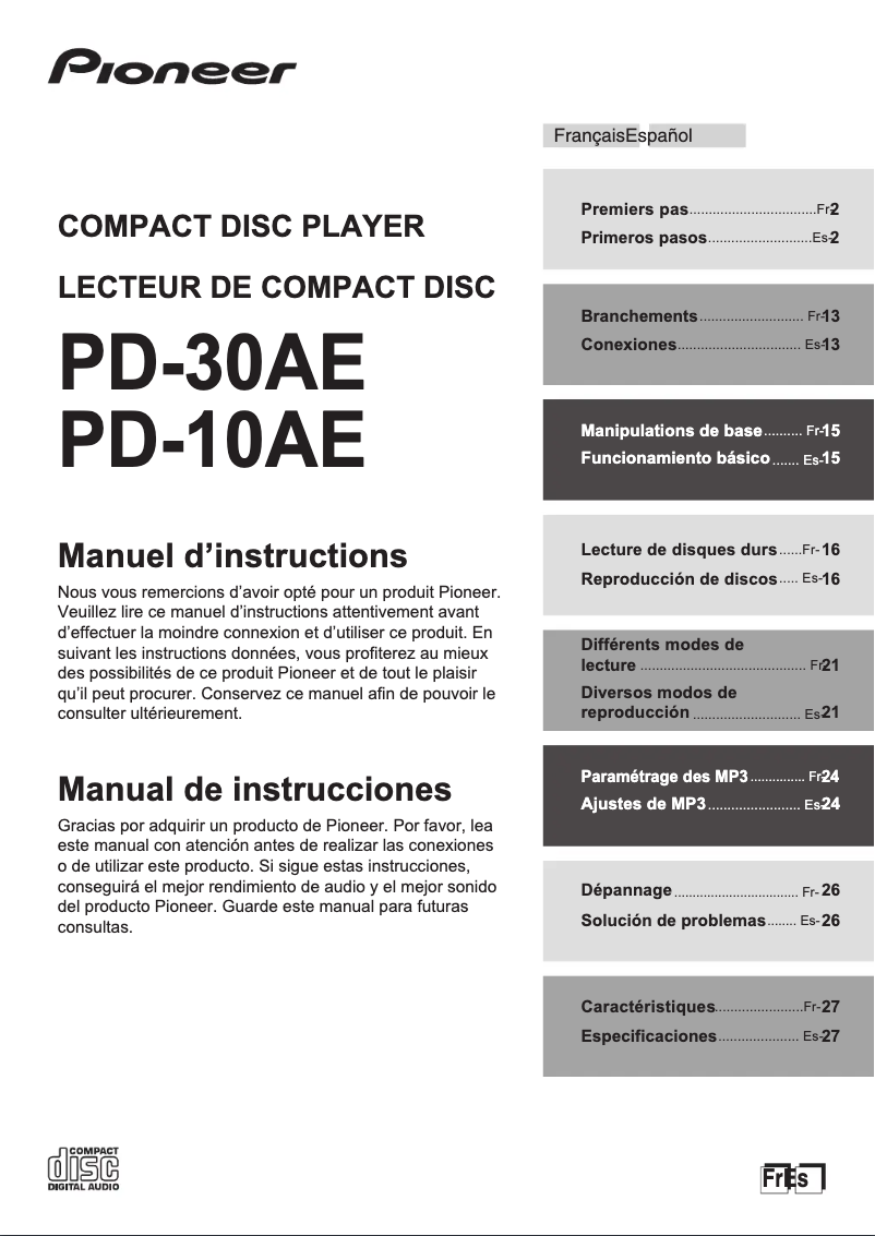 Page 1 de la notice Manuel utilisateur Pioneer PD-10AE