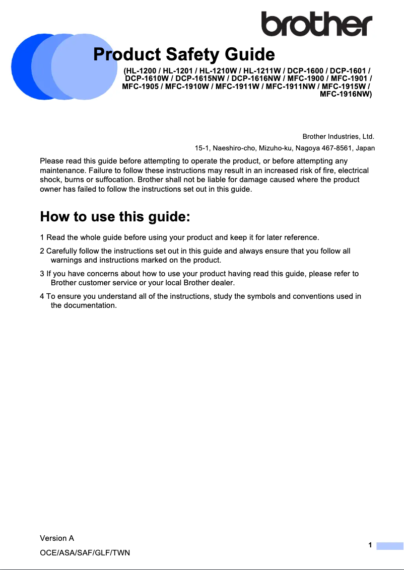 Page n°1 - Instructions de sécurité Brother DCP-1610W