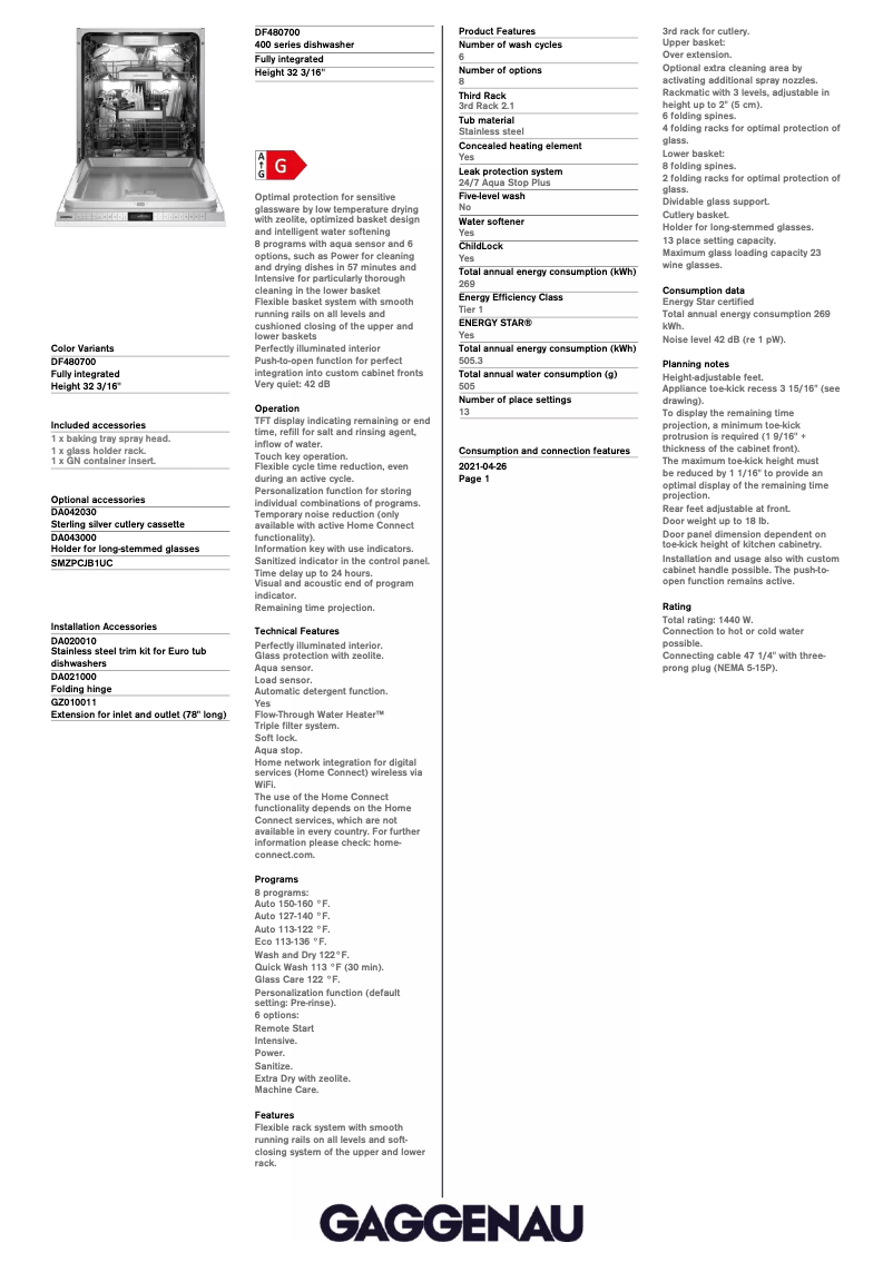 Página 1 del manual Ficha técnica Gaggenau DF480700