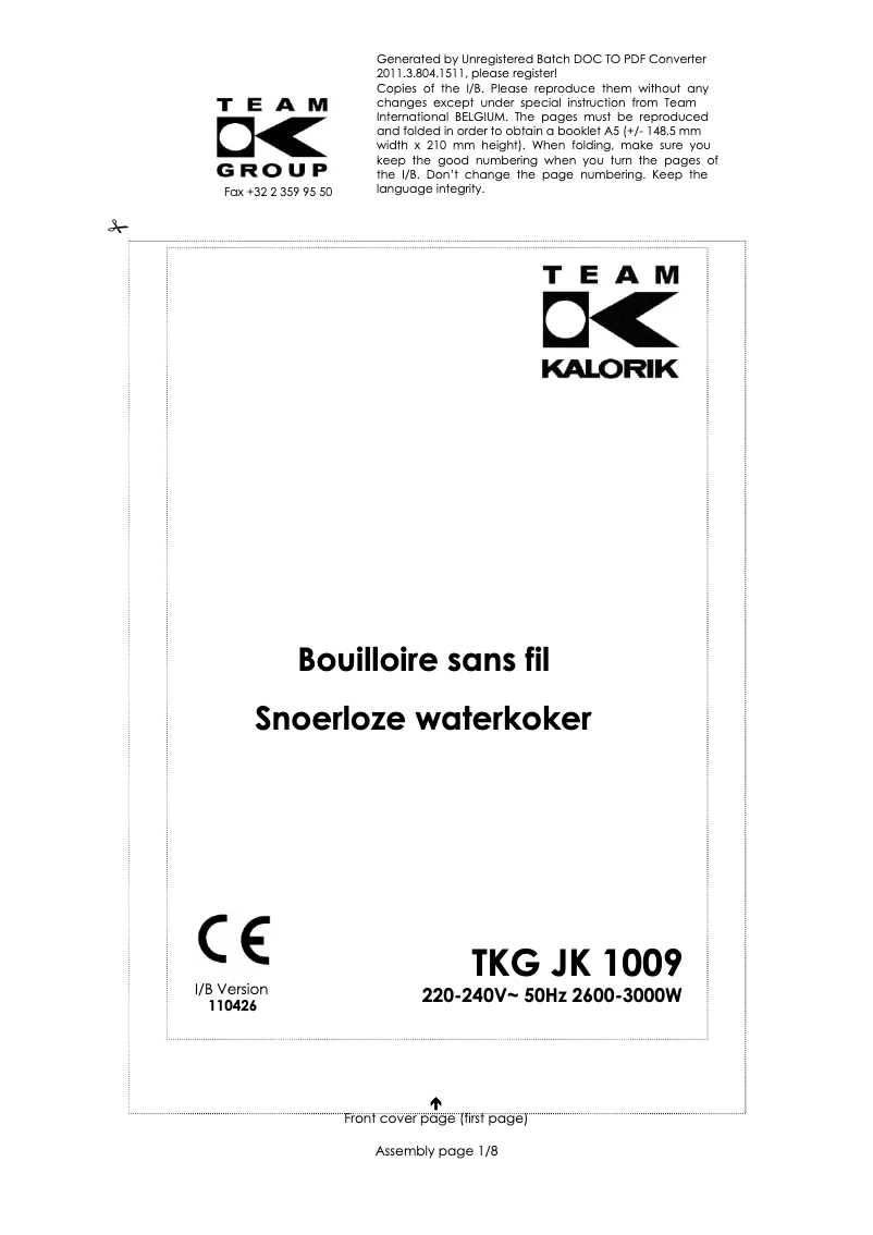 Image de la première page du manuel de l'appareil TKG JK 1009