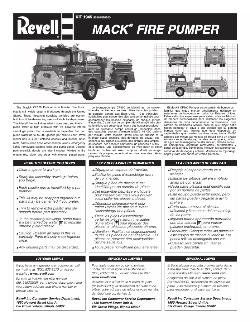 Page 1 de la notice Manuel utilisateur Revell Mack Fire Pumper