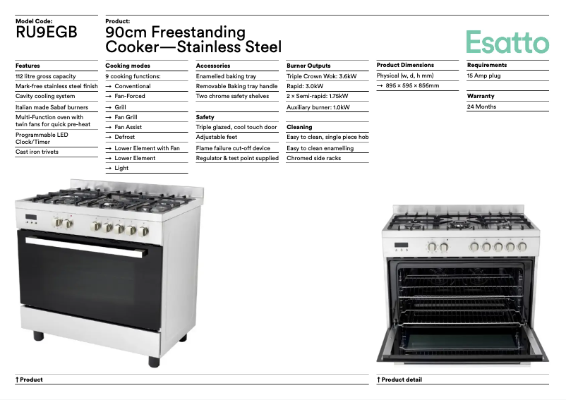 Page 1 de la notice Fiche technique Esatto RU9EGPK