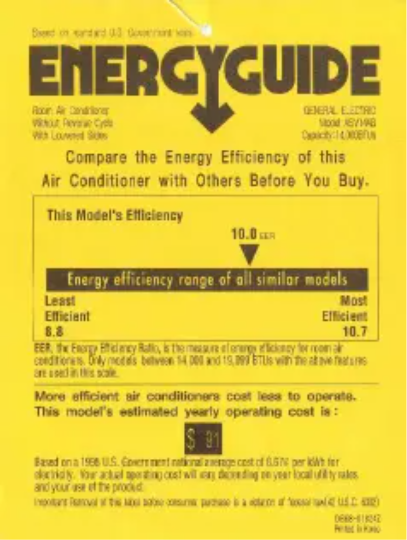 Page 1 de la notice Label énergétique GE ASV14AB