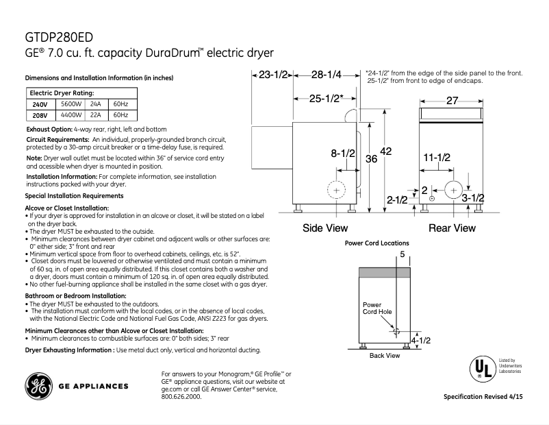 Page 1 de la notice Fiche technique GE GTDP280EDWW