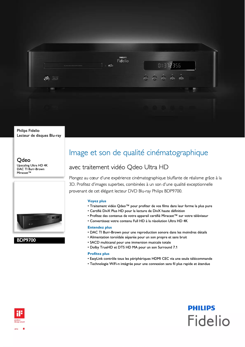 Page 1 de la notice Fiche technique Philips Fidelio 9000 series BDP9700