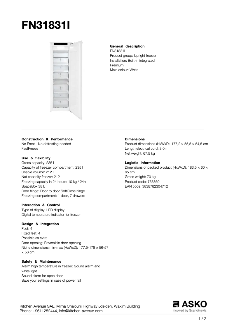 Page 1 de la notice Fiche technique Asko FN31831I