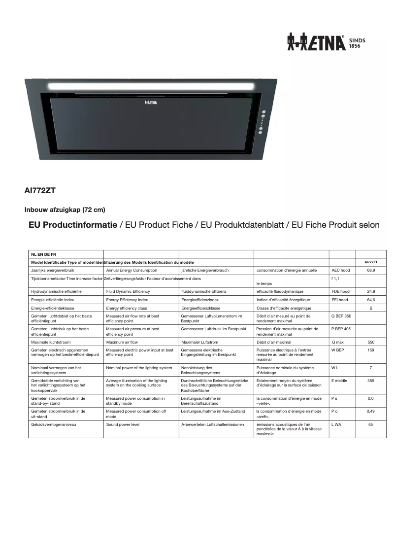 Page 1 de la notice Fiche technique Etna AI772ZT