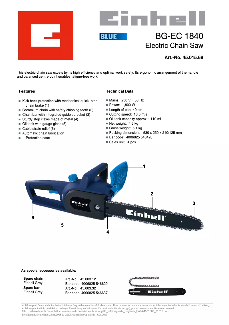 Página 1 del manual Ficha técnica Einhell BG-EC 1840
