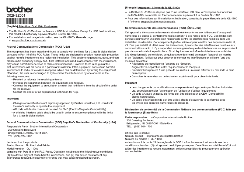 Image de la première page du manuel de l'appareil QL-1100