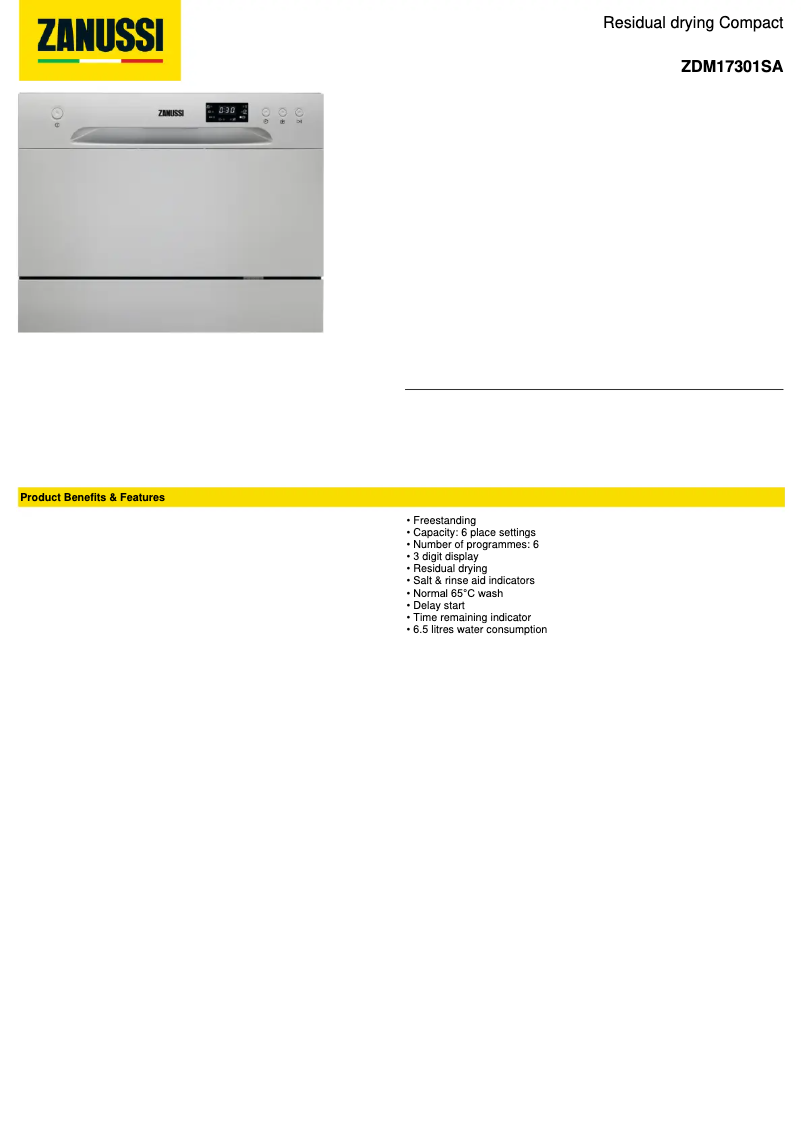 Page 1 de la notice Fiche technique Zanussi ZDM17301SA