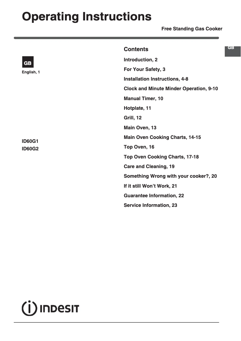Page 1 de la notice Instructions / montage Indesit ID60G2