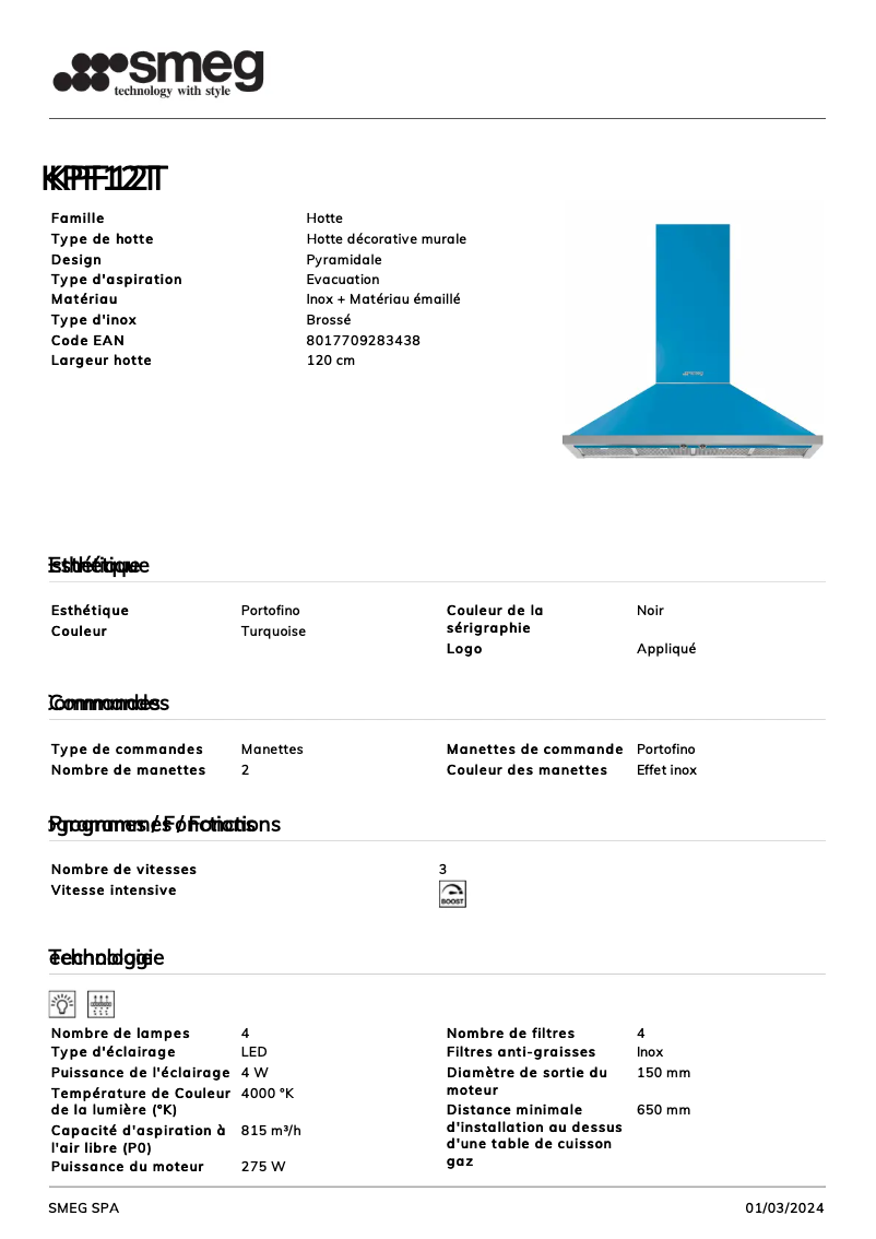 Page n°1 - Fiche technique Smeg KPF12T