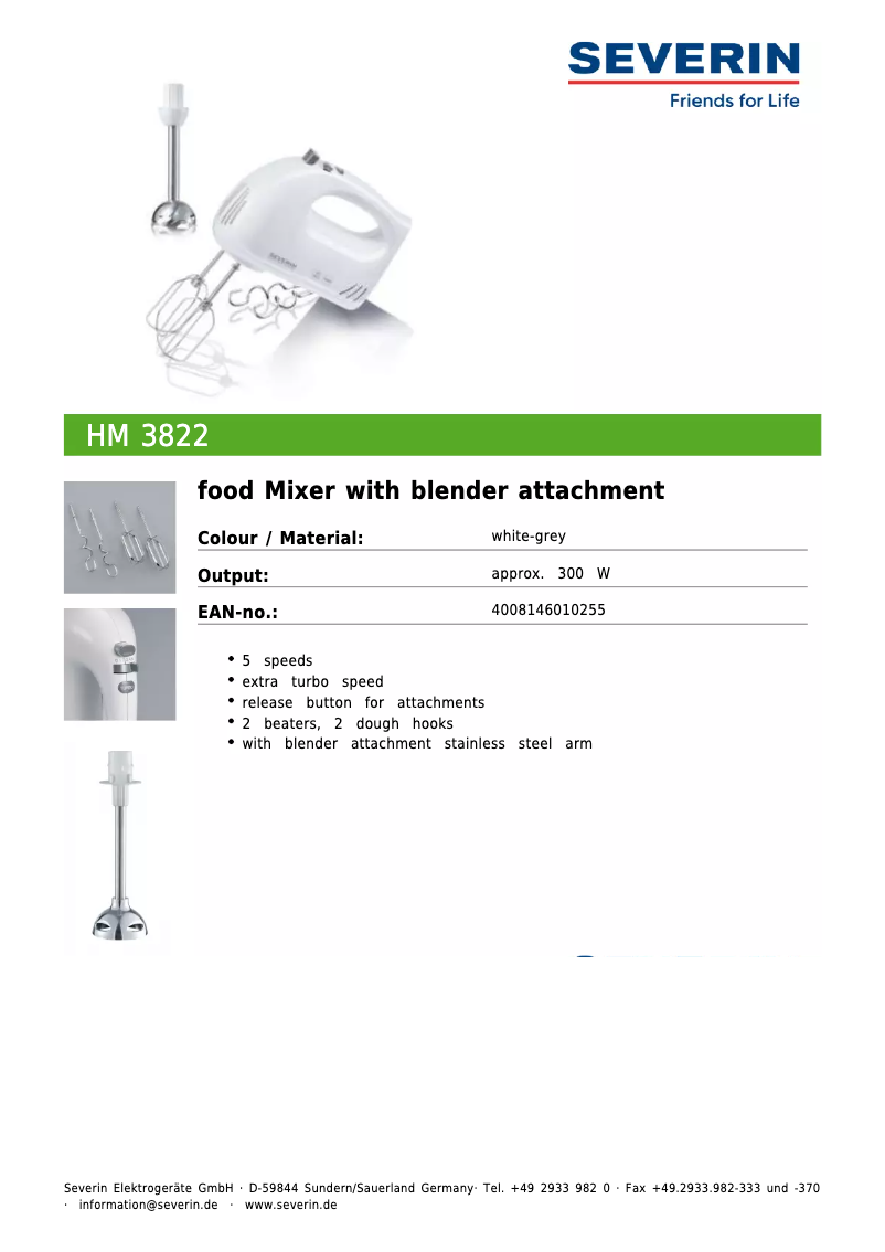 Page 1 de la notice Fiche technique Severin HM 3822
