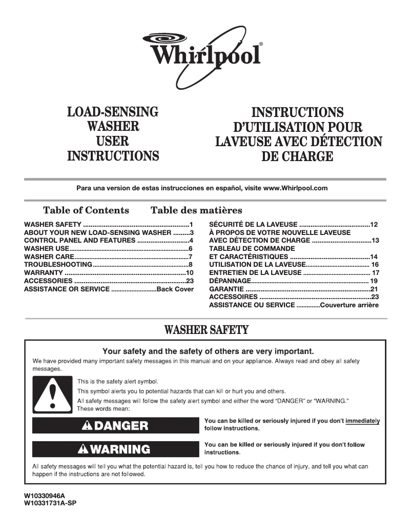 Page 1 de la notice Manuel utilisateur Whirlpool WTW58ESVW