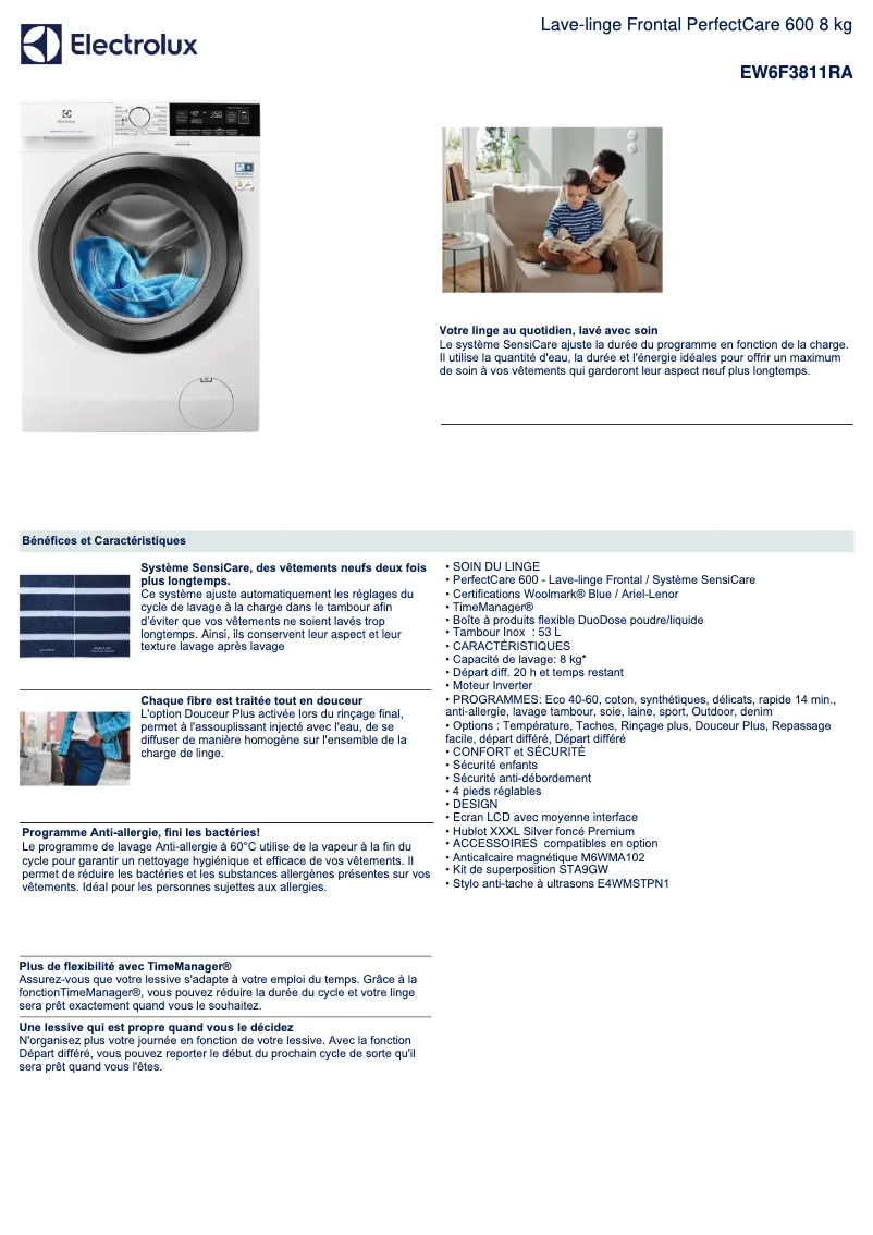 Page 1 de la notice Fiche technique Electrolux EW6F3811RA