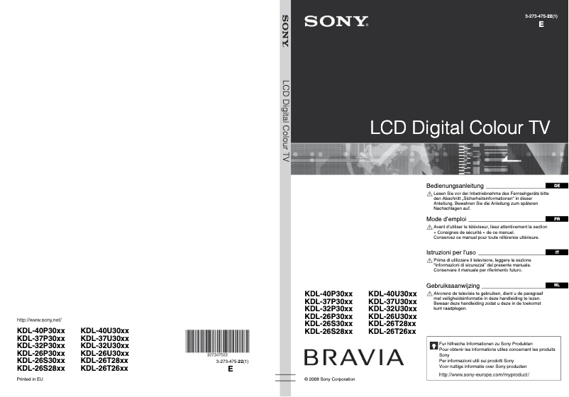 Page 1 de la notice Manuel utilisateur Sony Bravia KDL-37P3020K