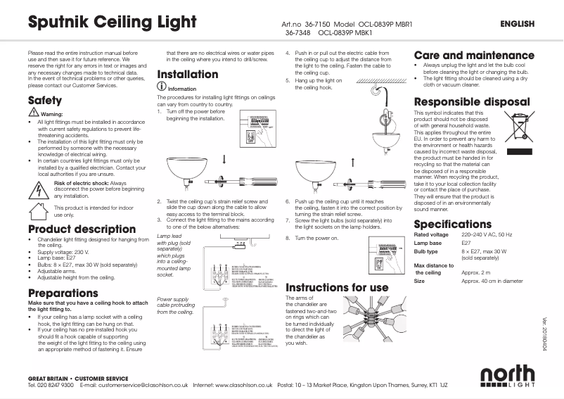 Page 1 de la notice Manuel utilisateur North Light Sputnik 36-7150
