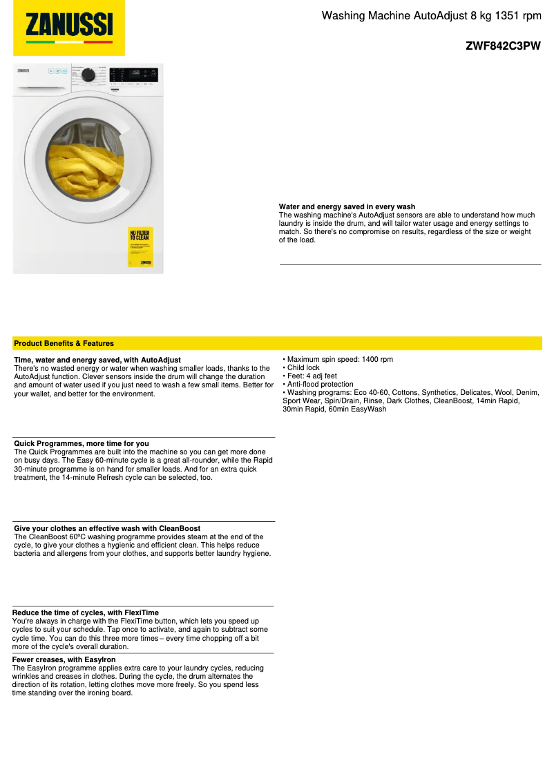 Image de la première page du manuel de l'appareil ZWF842C3PW