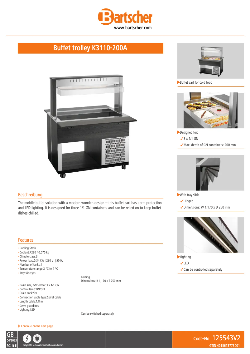 Page 1 de la notice Fiche technique Bartscher K3110-200A