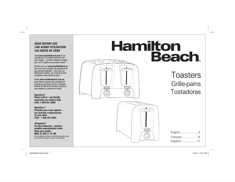 Page 1 de la notice Manuel utilisateur Hamilton Beach Cool-Wall 2 Slice 22614Z