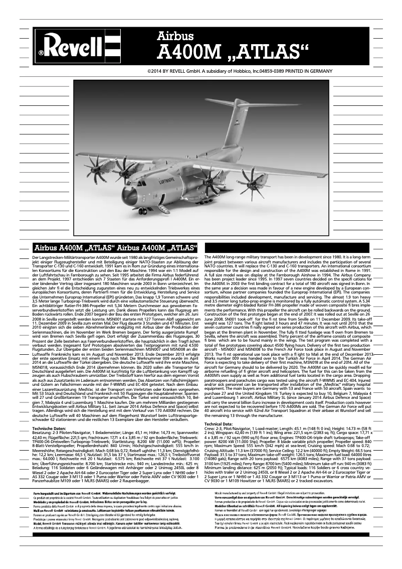 Page 1 de la notice Manuel utilisateur Revell Airbus A400M ATLAS